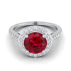 14K White Gold Round Brilliant Ruby French Pave Halo Secret Gallery แหวนหมั้นเพชร -3/8ctw