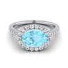 18K White Gold Oval Aquamarine แนวนอนแฟนซี East West Diamond Halo แหวนหมั้น -1/2ctw