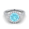 14K White Gold Round Brilliant Aquamarine แนวนอนแฟนซี East West Diamond Halo แหวนหมั้น -1/2ctw