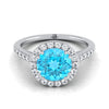 14K สีขาวทอง Round Brilliant Swiss Blue Topaz แนวนอนแฟนซี East West เพชรแหวนหมั้น Halo -1/2ctw