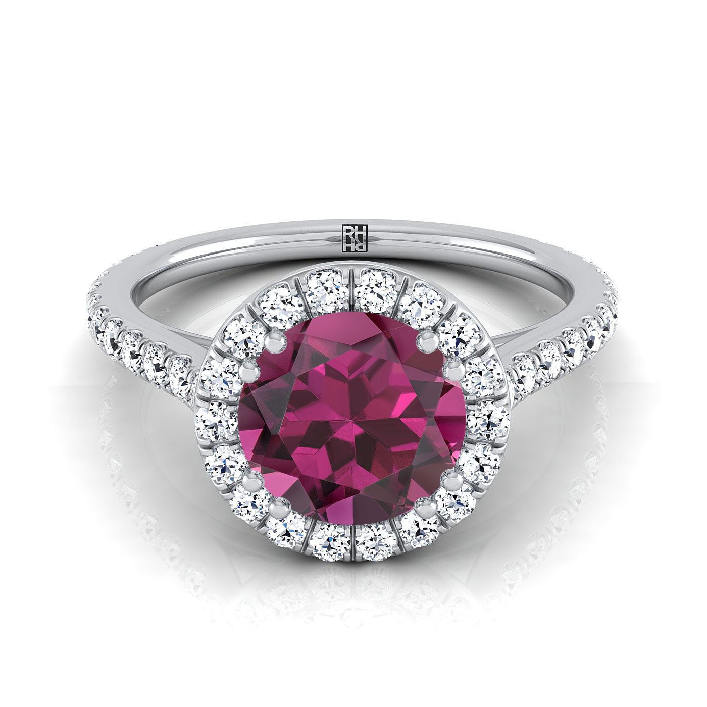 18K White Gold Round Brilliant Garnet แนวนอนแฟนซี East West Diamond Halo แหวนหมั้น -1/2ctw