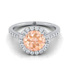 18K White Gold Round Brilliant Morganite แนวนอนแฟนซี East West Diamond Halo แหวนหมั้น -1/2ctw