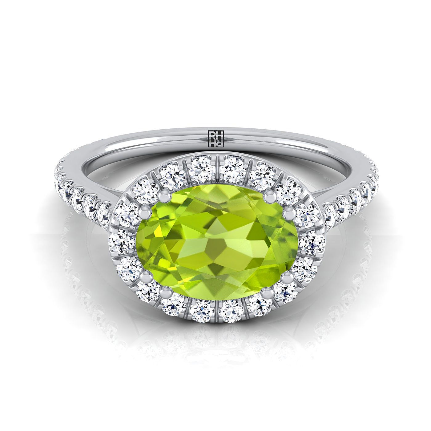 18K White Gold Oval Peridot แนวนอนแฟนซี East West Diamond Halo แหวนหมั้น -1/2ctw