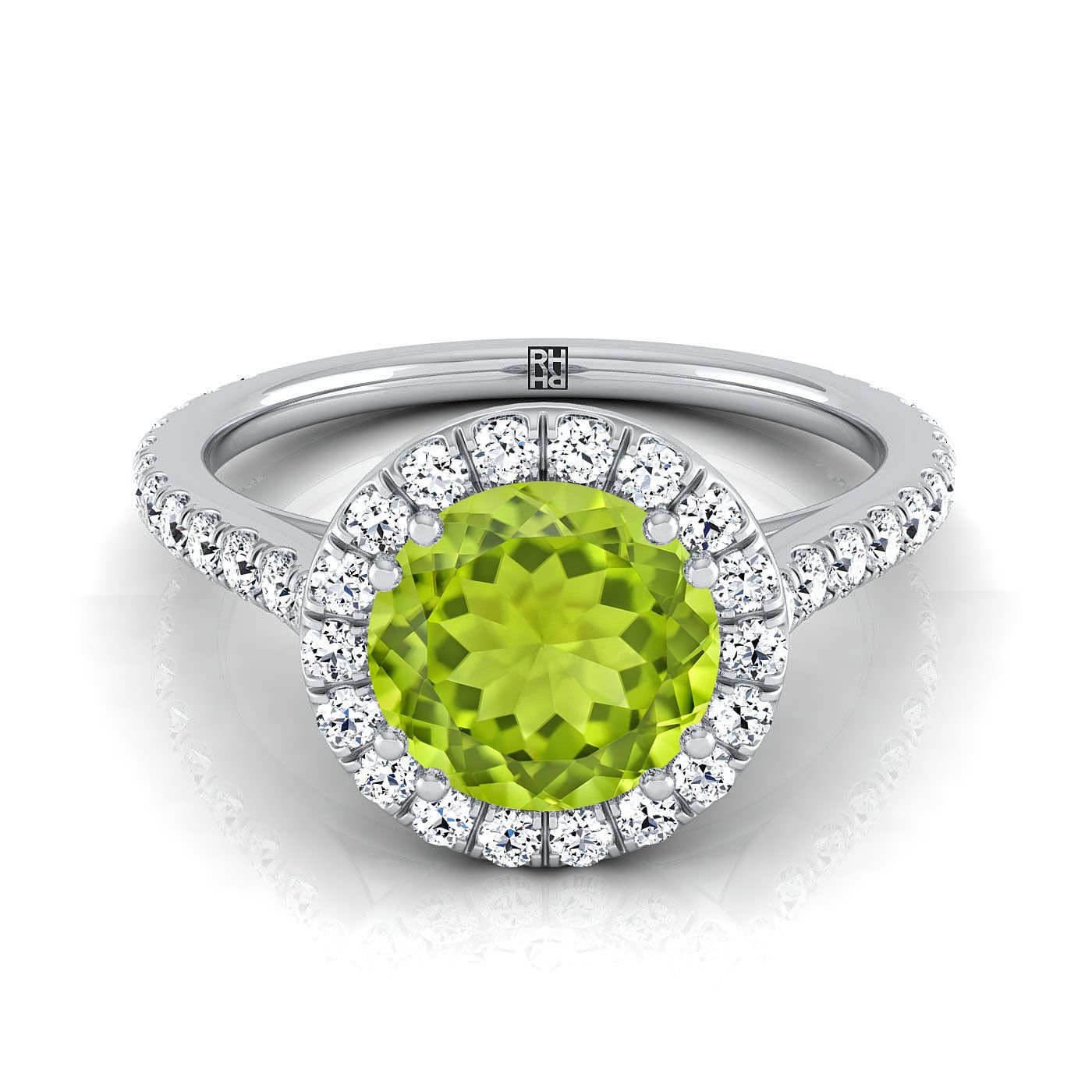 14K สีขาวทอง Round Brilliant Peridot แนวนอนแฟนซี East West Diamond Halo แหวนหมั้น -1/2ctw