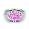 14K White Gold Oval Pink Sapphire แนวนอนแฟนซี East West Diamond Halo แหวนหมั้น -1/2ctw