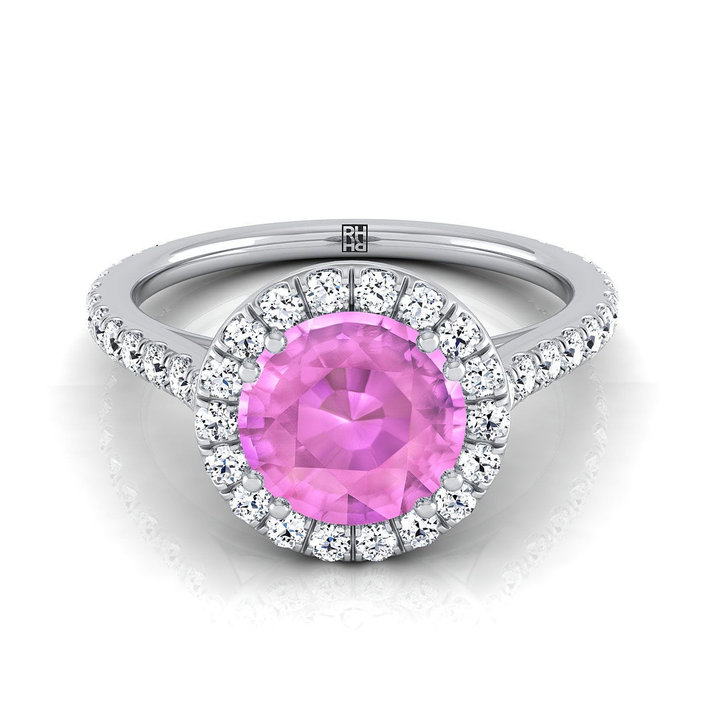 14K White Gold Round Brilliant Pink Sapphire แนวนอนแฟนซี East West Diamond Halo แหวนหมั้น -1/2ctw