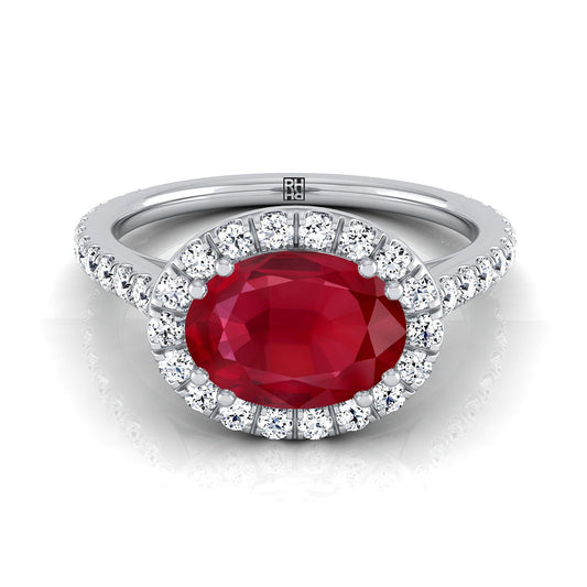 18K White Gold Oval Ruby แนวนอนแฟนซี East West Diamond Halo แหวนหมั้น -1/2ctw