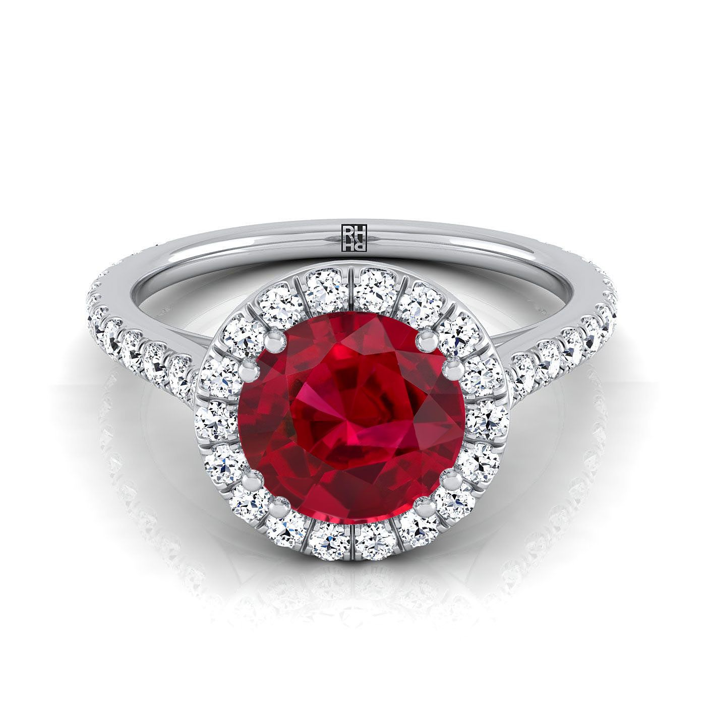 18K White Gold Round Brilliant Ruby แนวนอนแฟนซี East West Diamond Halo แหวนหมั้น -1/2ctw