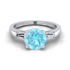 14K White Gold Round Brilliant Aquamarine Three Stone Tapered Baguetteหมั้นแหวน -1/5ctw