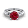 14K White Gold Round Brilliant Ruby Three Stone Tapered Baguette Engagement Ring -1/5ctw