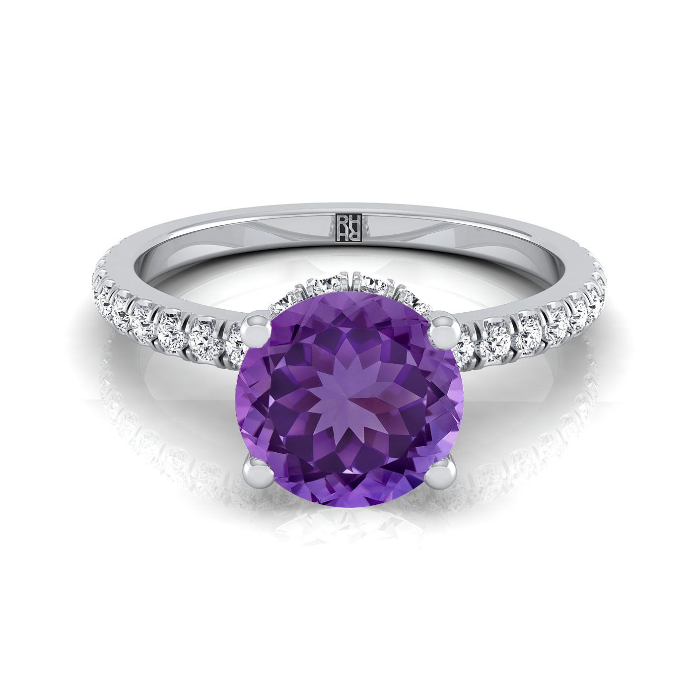 14K สีขาวทอง Round Brilliant Amethyst Secret Diamond Halo French Pave Solitaire แหวนหมั้น -1/3ctw