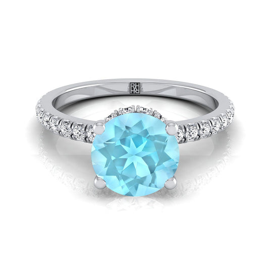 18K สีขาวทอง Round Brilliant Aquamarine Secret Diamond Halo French Pave Solitaire แหวนหมั้น -1/3ctw