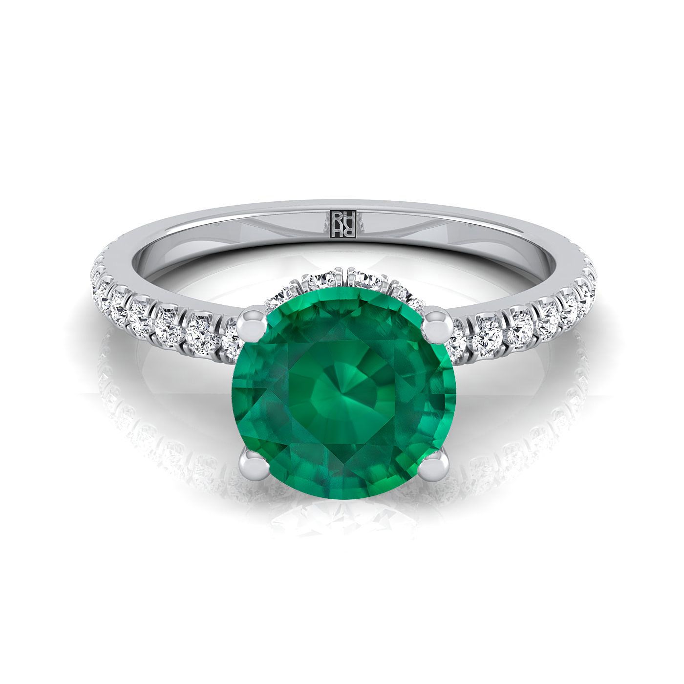 14K สีขาวทอง Round Brilliant Emerald Secret Diamond Halo French Pave Solitaire แหวนหมั้น -1/3ctw