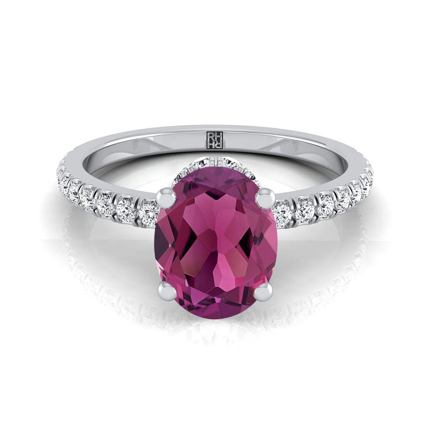 Platinum Oval Garnet Secret Diamond Halo French Pave Solitaire Engagement Ring -1/3ctw