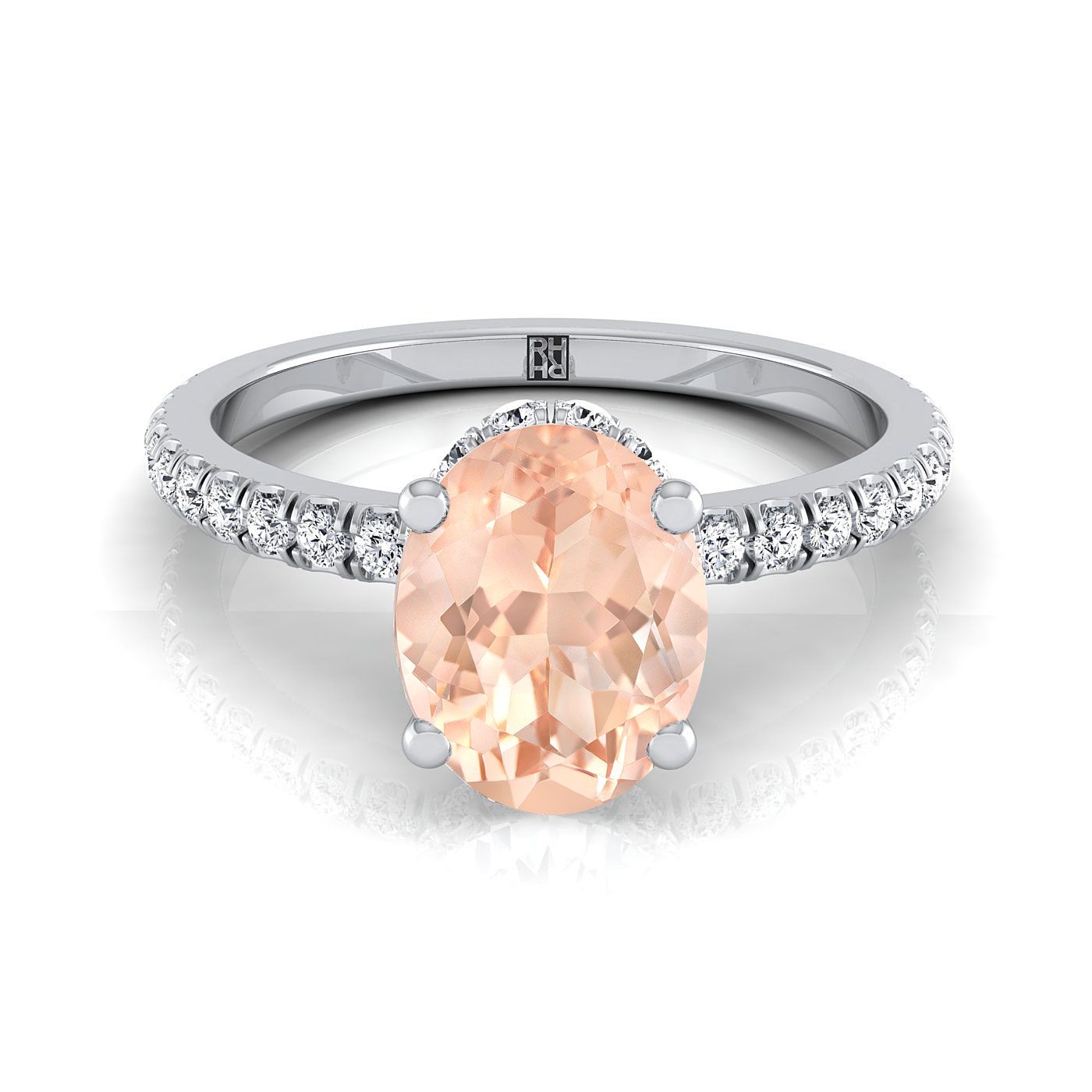 แพลตตินัมวงรี Morganite Secret Diamond Halo French Pave แหวนหมั้น Solitaire -1 / 3ctw