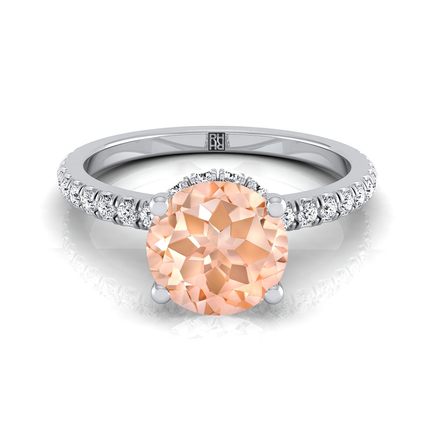 18K สีขาวทอง Round Brilliant Morganite Secret Diamond Halo French Pave Solitaire แหวนหมั้น -1/3ctw