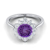 18K White Gold Round Brilliant Amethyst Floral Diamond Halo Engagement Ring -1/2ctw