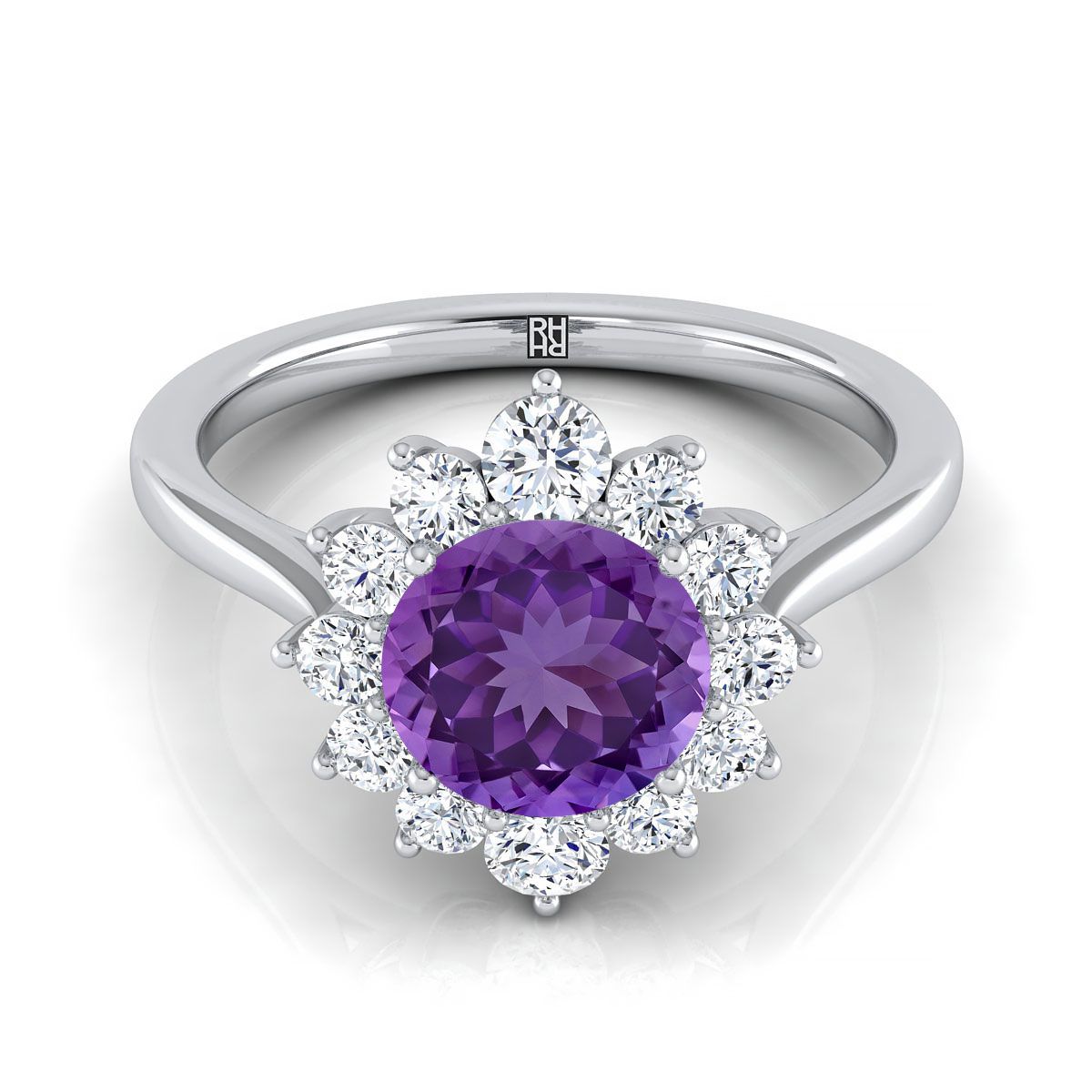 Platinum Round Brilliant Amethyst Floral Diamond Halo Engagement Ring -1/2ctw