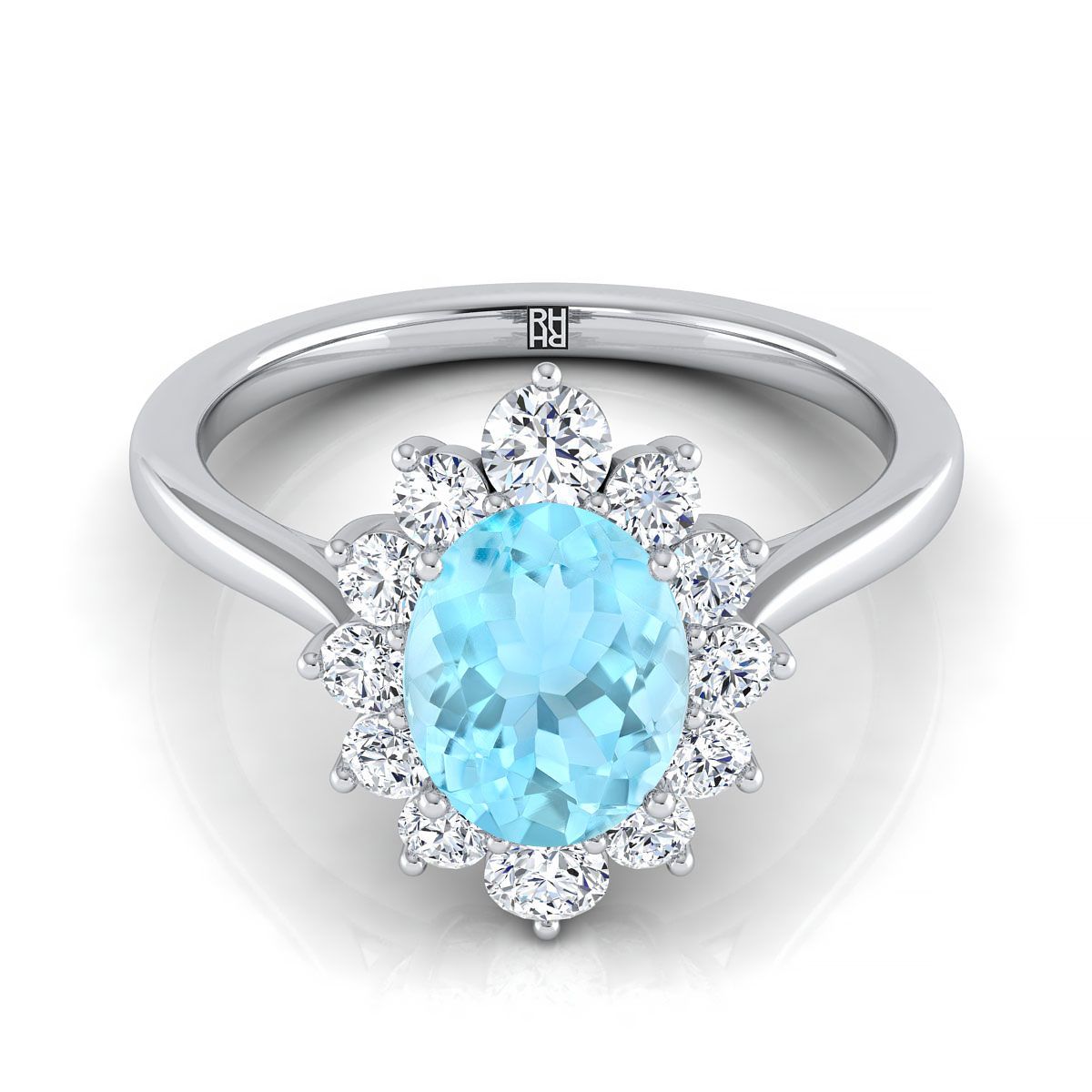 แหวนหมั้นเพชรทรงรี 18K รูปไข่ Aquamarine Floral Diamond -1/2ctw