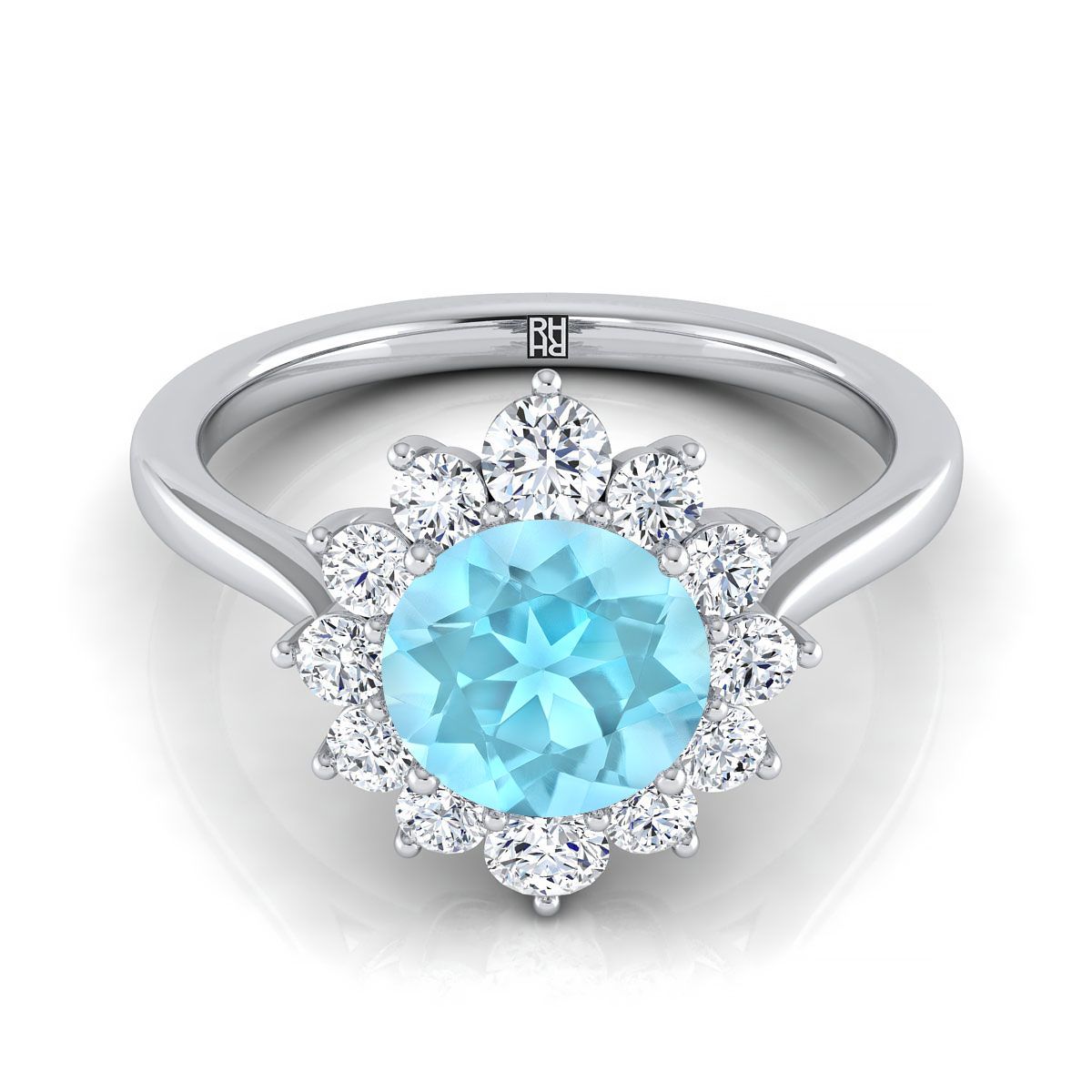 แหวนหมั้นเพชร 14K White Gold Round Brilliant Aquamarine Floral Diamond -1/2ctw