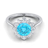 14K White Gold Round Brilliant Swiss Blue Topaz Floral Diamond Halo Engagement Ring -1/2ctw