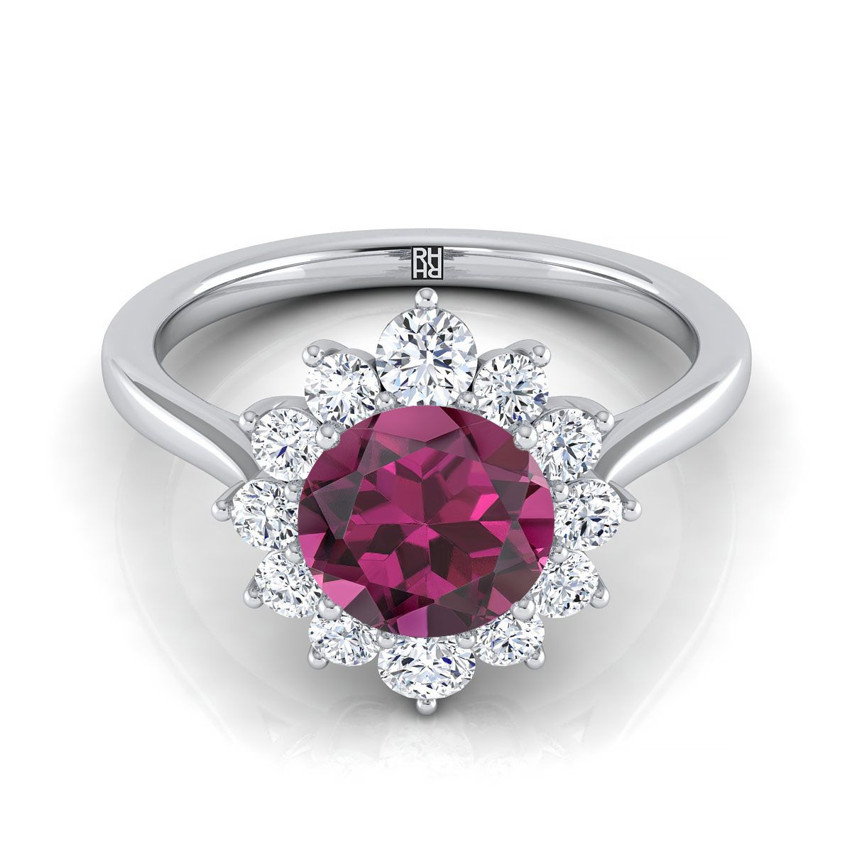 แหวนหมั้นเพชร 14K White Gold Round Brilliant Garnet Diamond Halo -1/2ctw