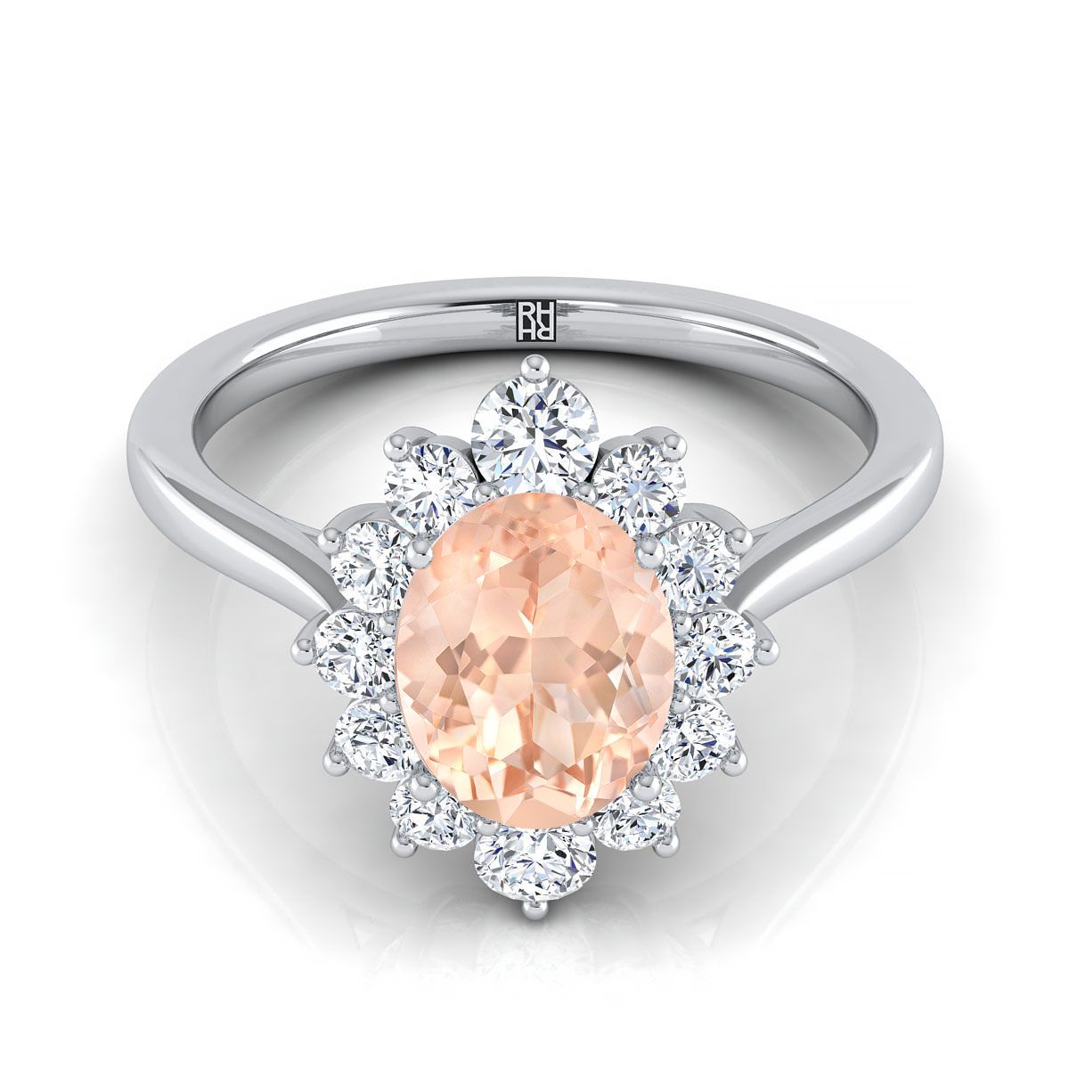 แหวนหมั้นเพชร Halo รูปไข่ Morganite ทองคำขาว 18K -1 / 2ctw