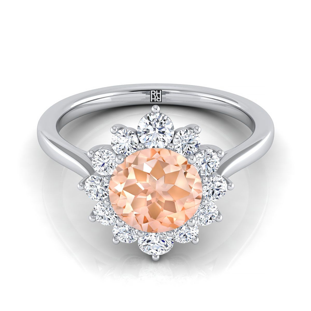 18K White Gold Round Brilliant Morganite Floral Diamond Halo Engagement Ring -1/2ctw