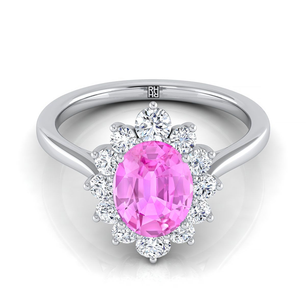 แหวนหมั้นเพชร 14K White Gold Oval Pink Sapphire Floral Diamond -1/2ctw