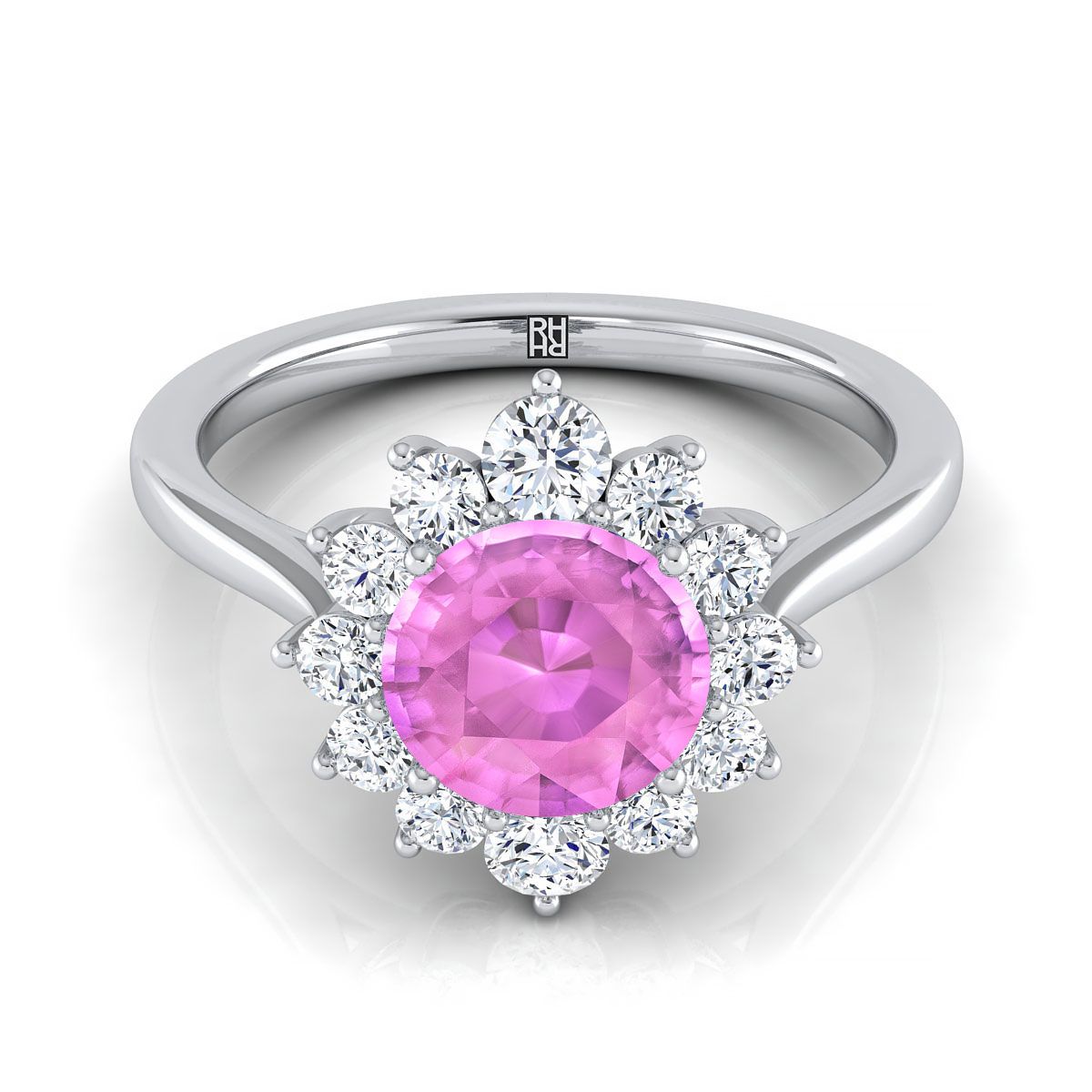 14K White Gold Round Brilliant Pink Sapphire Floral Diamond Halo Engagement Ring -1/2ctw