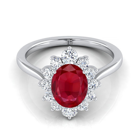 Platinum Oval Ruby Floral Diamond Halo Engagement Ring -1/2ctw