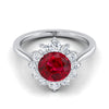 18K White Gold Round Brilliant Ruby Floral Diamond Halo Engagement Ring -1/2ctw