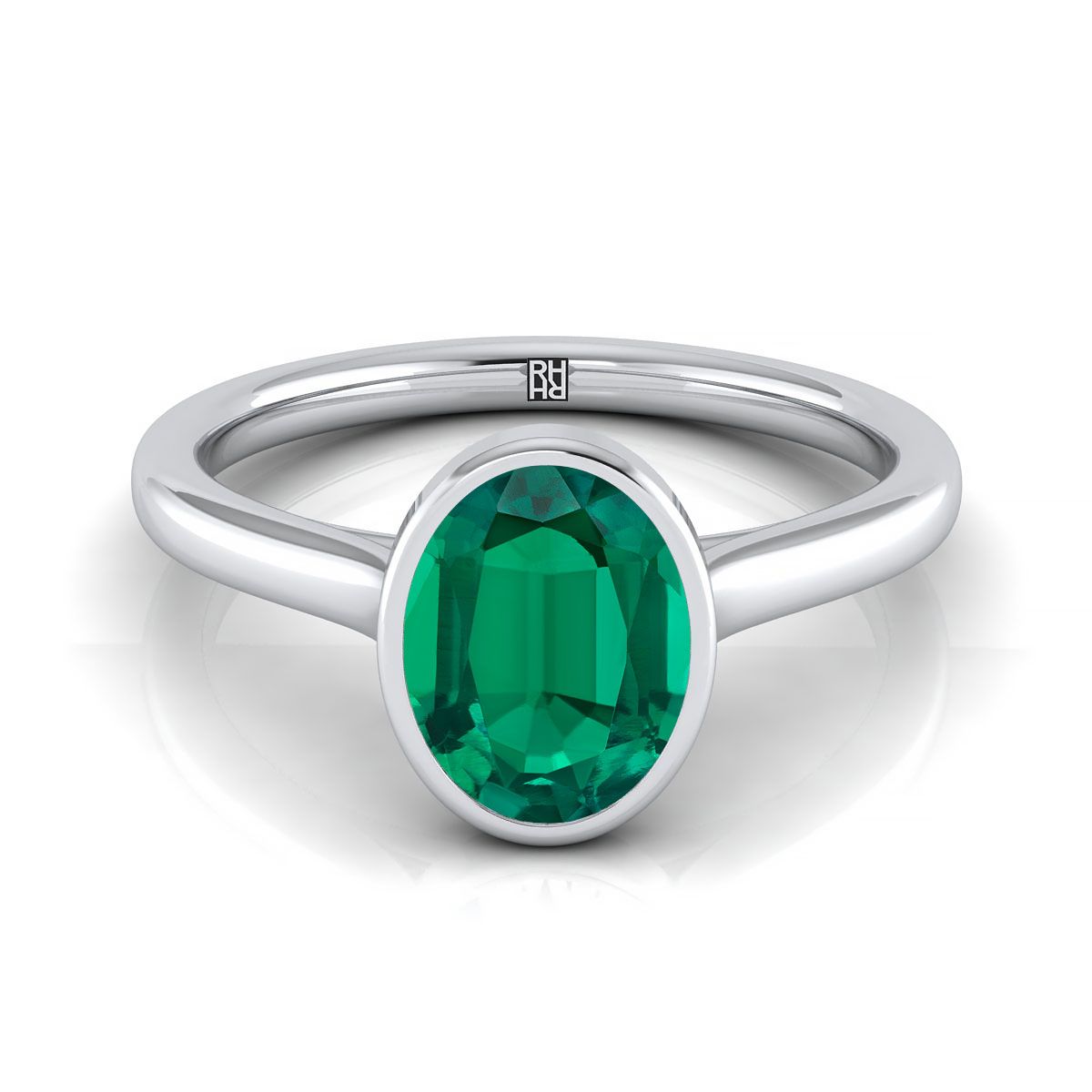 แหวนหมั้นเพชร 14K White Gold Oval Emerald Simple Bezel Solitaire