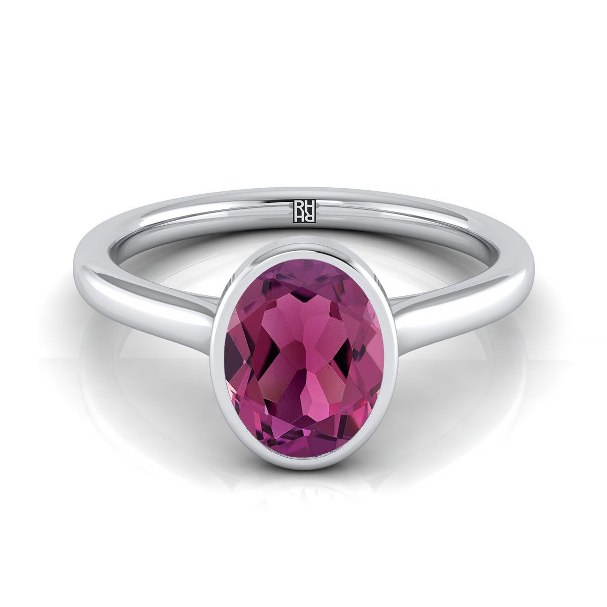18K White Gold Oval Garnet Simple Bezel Solitaire Engagement Ring