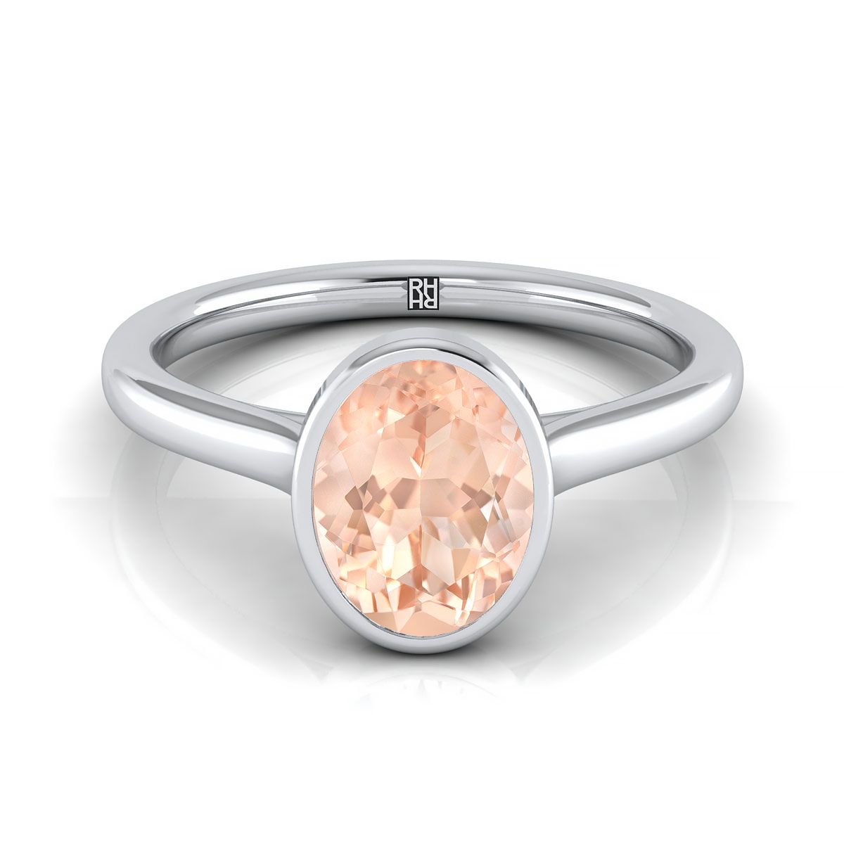 แหวนหมั้น Morganite Simple Bezel Solitaire วงรีทองคำขาว 14K