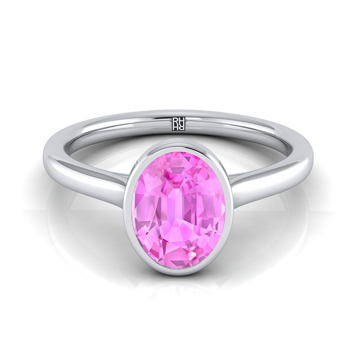 แหวนหมั้นเพชร 14K White Gold Oval Pink Sapphire Simple Bezel Solitaire