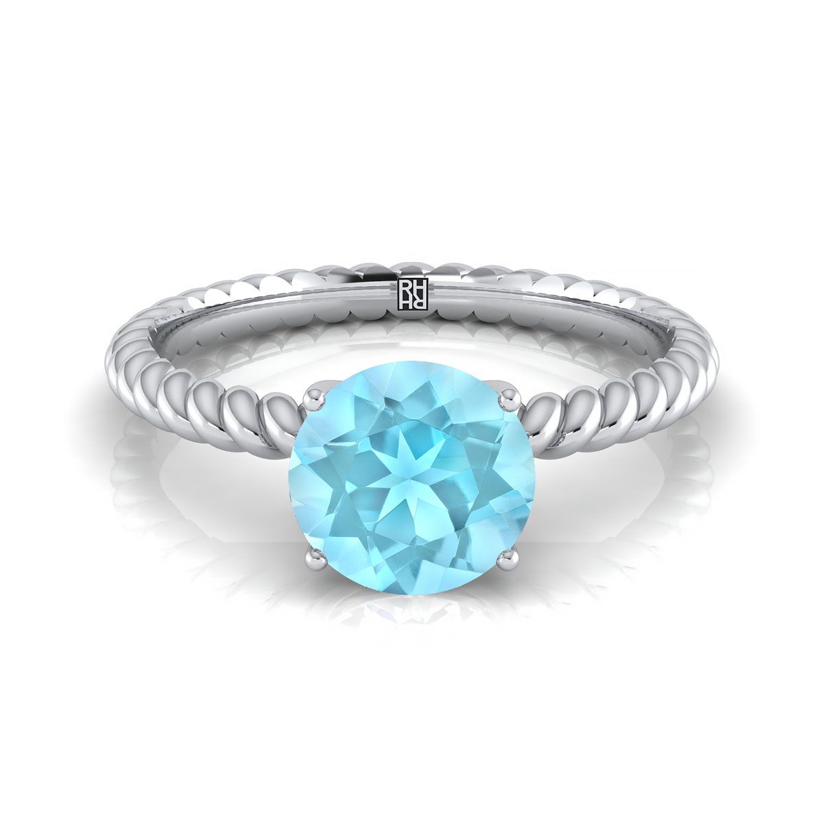 แพลตตินัมทรงกลมสดใส Aquamarine Twisted Rope Solitaire พร้อมแหวนหมั้นเพชรเซอร์ไพรซ์