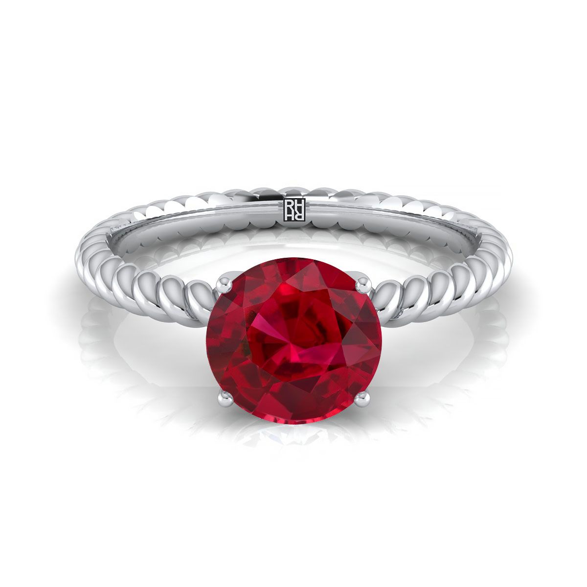 14K White Gold Round Brilliant Ruby Twisted Rope Solitaire With Surprize Diamond Engagement Ring