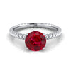 14K White Gold Round Brilliant Ruby Twisted Rope Solitaire With Surprize Diamond Engagement Ring