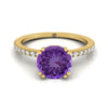 18K สีเหลืองทอง Round Brilliant Amethyst Simple French Pave Double Claw PRONG แหวนหมั้นเพชร -1/6ctw