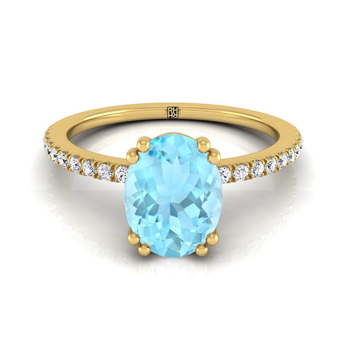 14K สีเหลืองทองรูปไข่ Aquamarine Simple French Pave Double Claw PRONG แหวนหมั้นเพชร -1/6ctw