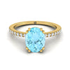 18K สีเหลืองทองรูปไข่ Aquamarine Simple French Pave Double Claw PRONG แหวนหมั้นเพชร -1/6ctw