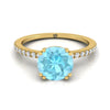 14K สีเหลืองทอง Round Brilliant Aquamarine Simple French Pave Double Claw PRONG แหวนหมั้นเพชร -1/6ctw