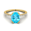 14K สีเหลืองทองรูปไข่ Swiss Blue Topaz Simple French Pave Double Claw PRONG แหวนหมั้นเพชร -1/6ctw