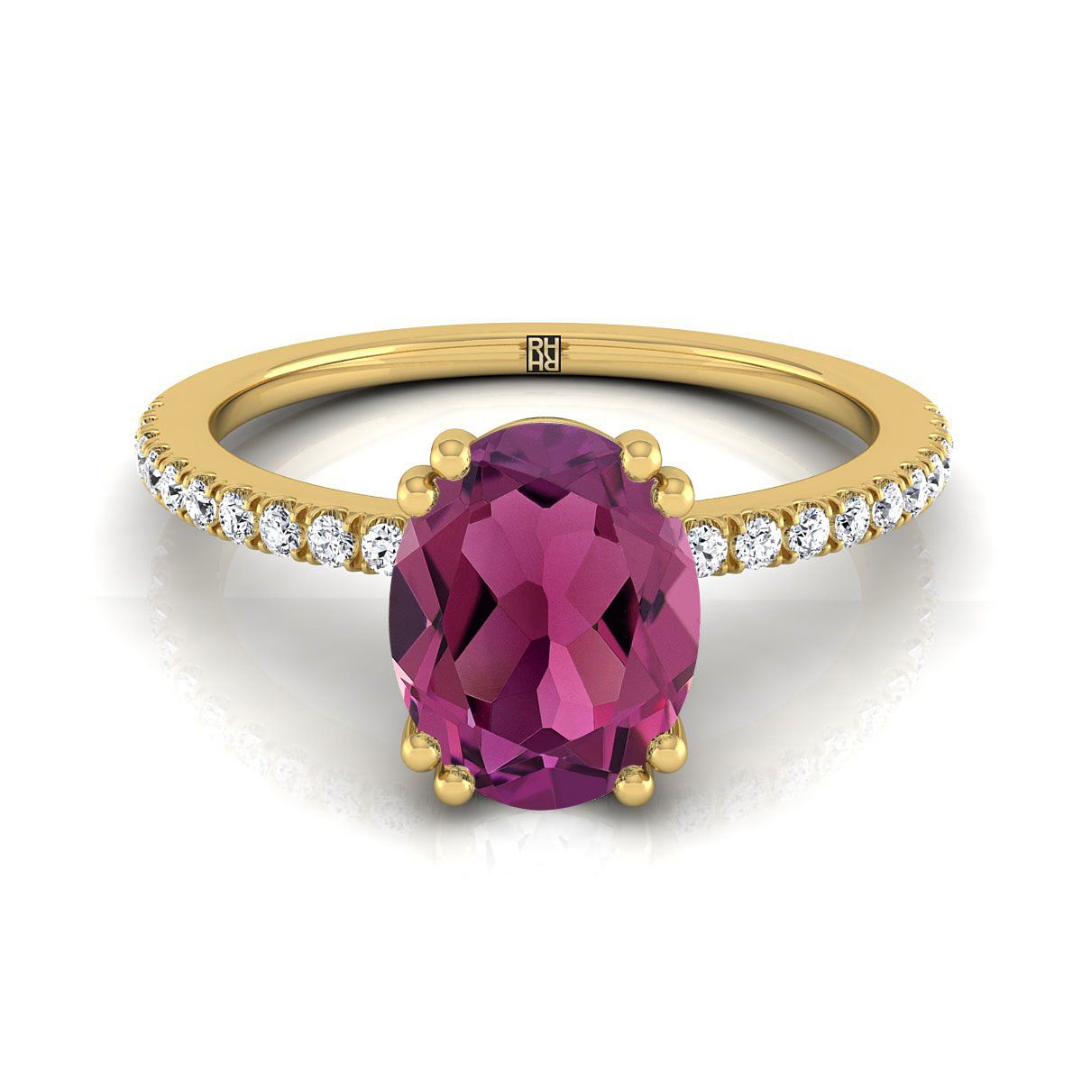 14K Yellow Gold Oval Garnet Simple French Pave Double Claw Prong Diamond Engagement Ring -1/6ctw