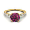 14K สีเหลืองทอง Round Brilliant Garnet Simple French Pave Double Claw PRONG แหวนหมั้นเพชร -1/6ctw