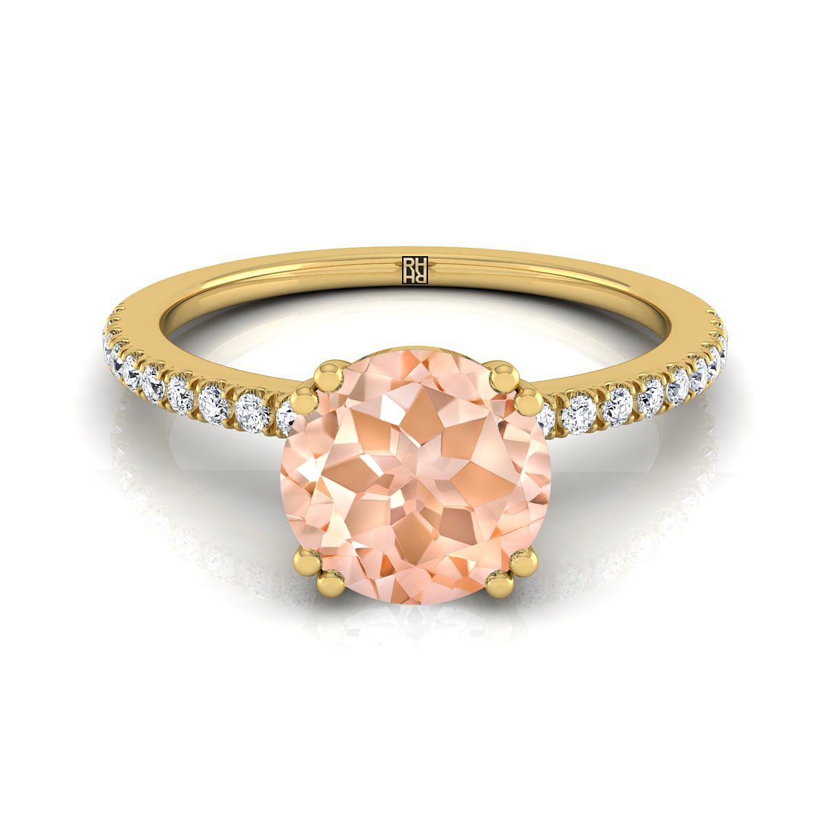 14K สีเหลืองทอง Round Brilliant Morganite Simple French Pave Double Claw PRONG แหวนหมั้นเพชร -1/6ctw