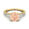 14K สีเหลืองทอง Round Brilliant Morganite Simple French Pave Double Claw PRONG แหวนหมั้นเพชร -1/6ctw