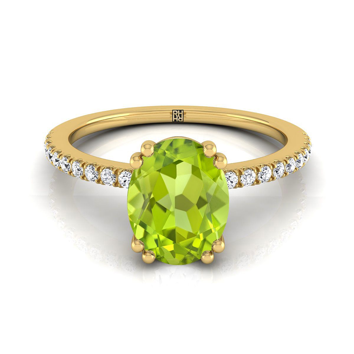 14K สีเหลืองทองรูปไข่ Peridot Simple French Pave Double Claw PRONG แหวนหมั้นเพชร -1/6ctw