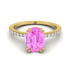 18K สีเหลืองทองรูปไข่ Pink Sapphire Simple French Pave Double Claw PRONG แหวนหมั้นเพชร -1/6ctw